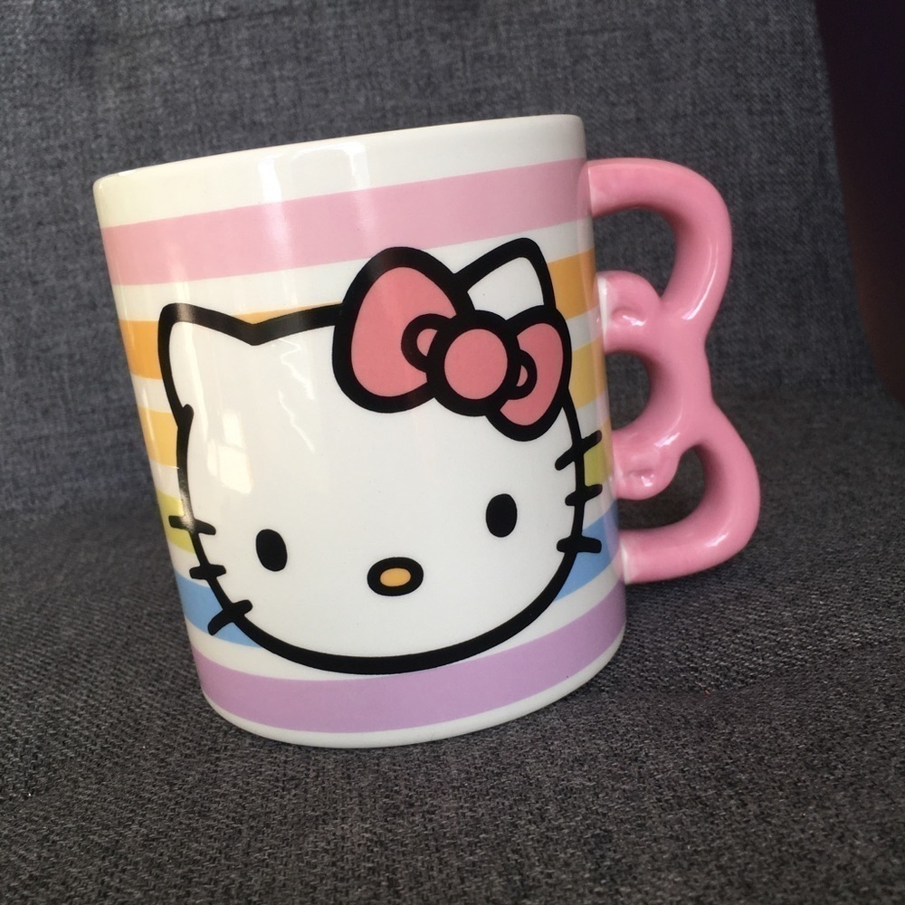 Hello Kitty Pastel Stripe, Bow Handle Coffee Mug, White, Pink, 20 oz